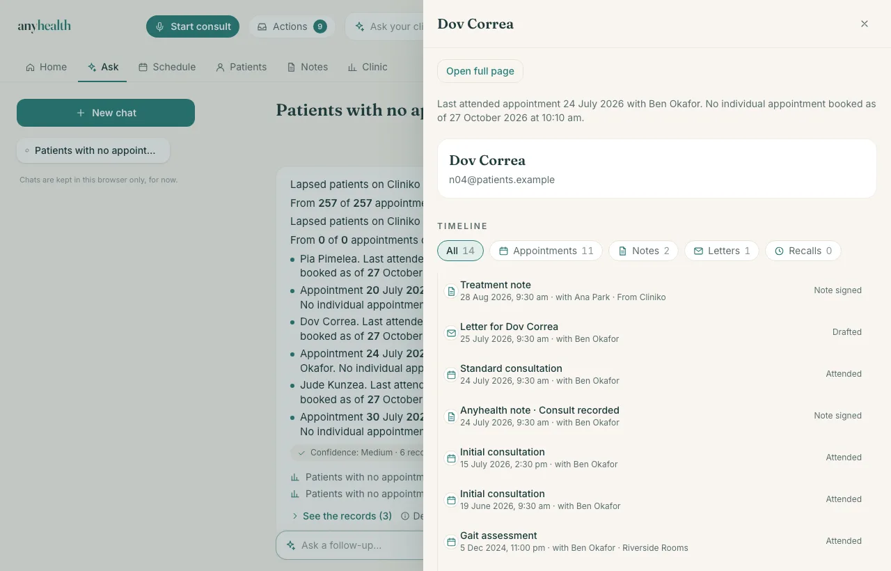 A patient opened from an answer in a drawer beside it, showing a timeline of appointments, a letter and treatment notes read from Cliniko.