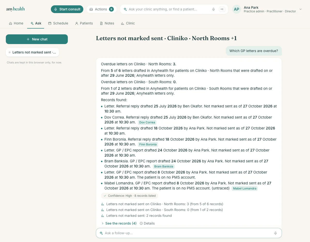 An answer to “Which GP letters are overdue?”: a count for each practice software account, the letters behind it, a confidence label and a Draft letters action.