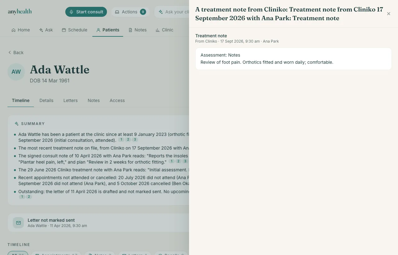 A patient summary with numbered citations on every line, one of them opened in a drawer to show the Cliniko treatment note it came from.